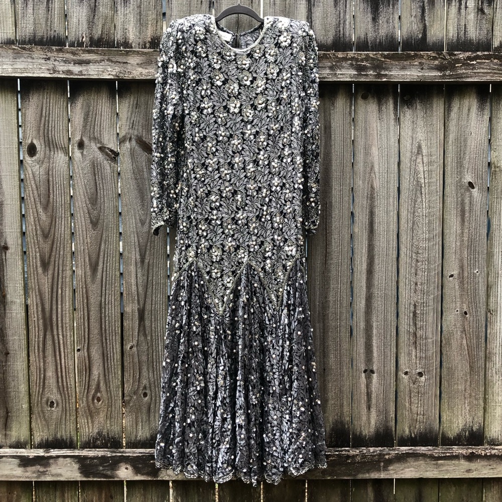 Vintage Judith Ann Beaded Formal Gown Size L Silver Lace Long Sleeve Maxi Dress